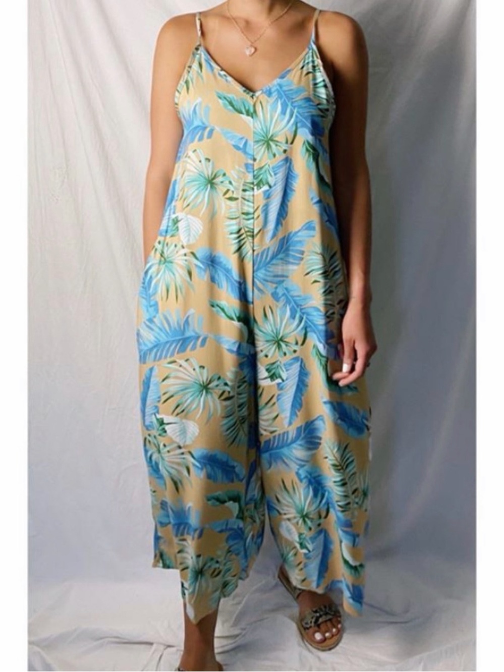Blue Leaf V-Neck Wide-Leg Jumpsuit